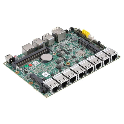 Badass Fanless Mini PC Barebone Loading Intel Core I7-10510U With Eight Dope 2.5G Lan Ports Rigged Tight For Homelab Routers Pro Firewalls And Heavy Duty Network Projects motherboard with multiple ports and connectors.