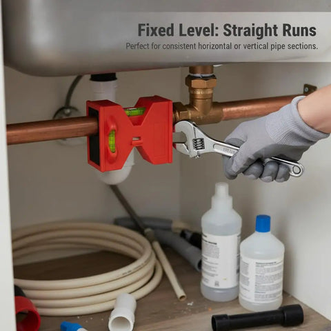 Spirit Level, Foldable, Adjustable Angle Pipe Corner Gauge in use with a wrench on pipe under a sink.
