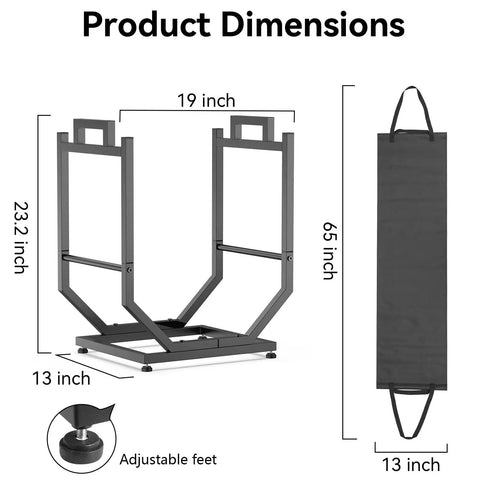 Heavy Duty Firewood Rack For Indoor Outdoor Use With Thickened Metal Construction, Reinforced Base, Adjustable Feet, And Carry Bag, Black dimensions