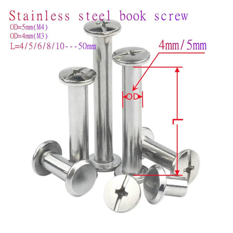 Premium 304 Stainless Steel Screw Binding Rivets Book Kit 4mm 5mm flat head screws displayed with measurements.
