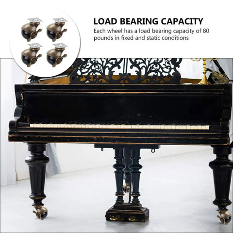 Vintage Brass Universal Caster Wheels 2 Inch 4 Pack For Furniture Swivels and Shop Tools shown on a classic piano, showcasing load capacity.