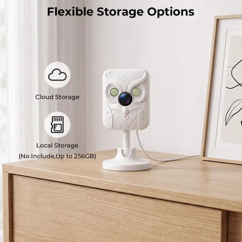 Crisp 2K Indoor Security Camera With Dual Band WiFi And Full Color Night Vision on wooden shelf with flexible storage options.