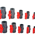 Top Shelf Pvc Ball Valve Featuring Rock Solid Female Threads And Smooth Red T Handle For Straight Thru Flow Projects Including Backyard Irrigation Fish Tanks And Industrial Pipe Lines Built Different To Make Any Plumbing Fix A Breeze - Multiple sizes displayed.