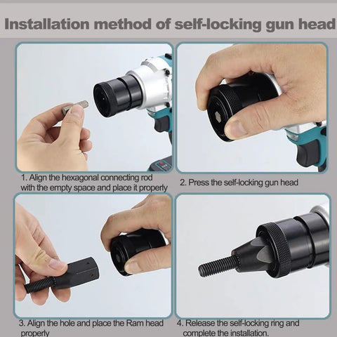 Installation method of self-locking gun head for Heavy Duty Cordless Rivet Nut Gun With Rechargeable Battery, 26V Automatic Rivet Tool Kit.