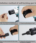 Installation steps for Cordless Electric Rivet Nut Gun Set With 26 Volt Battery showing hexagon rod and self-locking head.