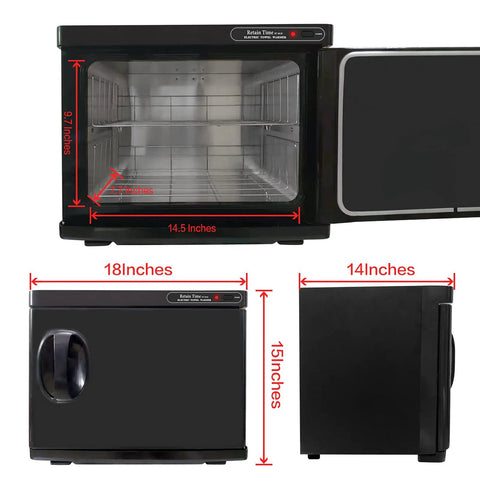 18L Professional Towel Warmer For Salons And Spas Pro Grade Black Towel Warmer Cabinet dimensions and open interior view
