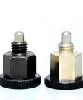 M10 Shop Tough Plunger Knob Featuring Dead Set Spring Locking Pin For Precision Tooling and Heavy Duty Bench Jobs, black and gold finish.