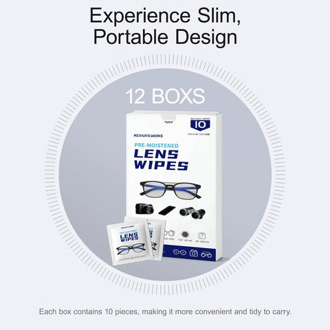 Lens wipe set: 12 boxes of individually wrapped, pre-moistened wipes for glasses, camera lenses, and screens.