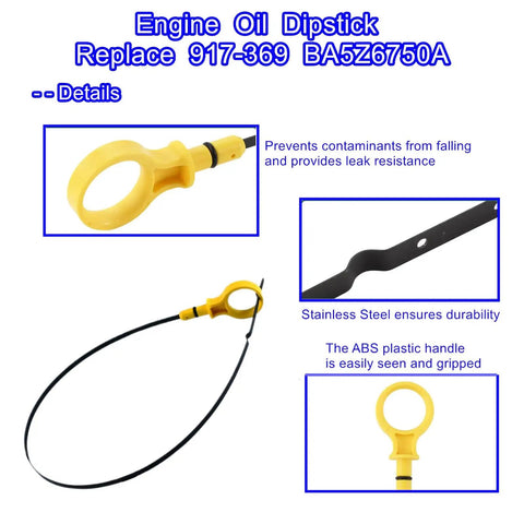 Engine Oil Dipstick For Ford Edge Explorer Flex Fusion Taurus Lincoln MKS MKT MKX MKZ Mercury Milan Sable Oil Level Indicator Assembly Replacement OE 917-369 BA5Z-6750-A Easy Install High-Quality, showing dipstick with yellow handle and metal probe highlights resistant materials and ease of use