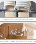 Heavy Duty Adhesive Wall Hooks 30 Pack Straight Up No Drill Setup For Bathroom Kitchen Storage Waterproof Plastic hooks holding spray bottles.