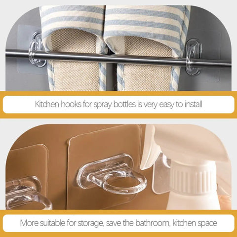 Heavy Duty Adhesive Wall Hooks 30 Pack Straight Up No Drill Setup For Bathroom Kitchen Storage Waterproof Plastic hooks holding spray bottles.