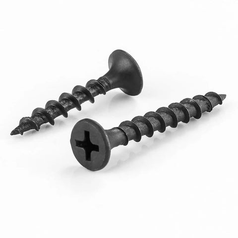 Number Six By One Point Twenty Five Inch Phillips Truss Head Drywall Screws Black Phosphate Heavy Duty Steel Bang For Buck Rock Solid Grip One Pound Pack For Wood Slate visible on white background.