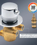 Rock Solid Brass Shower Control Valve Featuring Ceramic Cartridge Adjustable Temp Safety Switch Multi Port Diverter Standard Pipe Threads, brass valve with chrome top and two connections.