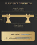 Product dimensions for Badass Gold Cabinet Handles With Brushed Brass Finish, showcasing size and hole centers.
