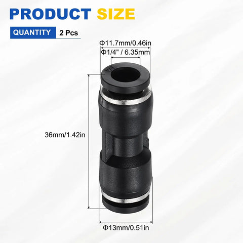 2 Pack Pneumatic Straight Fitting One Quarter Inch To One Quarter Inch Tube OD Plastic Union Push To Connect Fittings For Air Lines Quick Connect For Factory Pneumatic Systems Black with dimensions