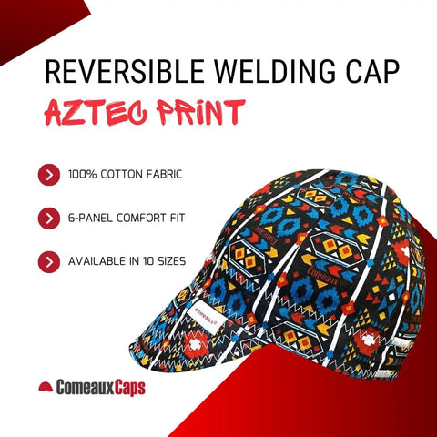 Reversible Welding Cap With Aztec Print On One Side And Solid Color On The Other 6 Panel 100 Percent Cotton Work Hat For Welders