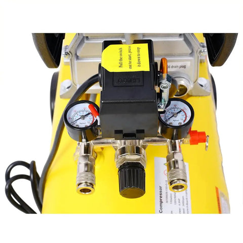 Controls and pressure gauges of Heavy Duty 13 Gallon Air Compressor With Powerful 4.5HP Oil-Lubricated Motor And 115 Psi Horizontal Tank.