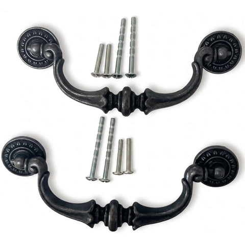 Boss Level Vintage Bronze Cabinet Drawer Pulls With Genuinely Sweet Old School Scrollwork And A Heavy Duty Five Point Five Inch Drop Handle with screws.