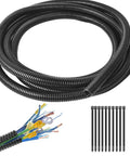 Split Wire Loom Tubing Cable Management Conduit Flexible Cord Protector Sleeve Black One Quarter Inch Inner Diameter Thirty Two Point Eight Feet Long Easy Route Split Design Pro Grade Durable Polyethylene For Car And Home Wiring shown coiled with exposed wires and zip ties.