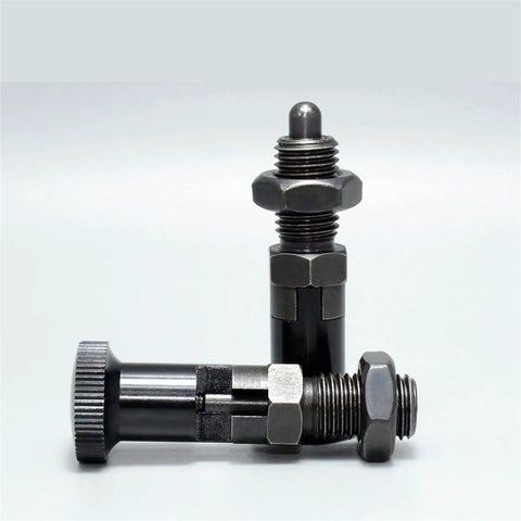 No Nonsense Heavy Duty Rest Position Index Plunger Spring Lock Pin With Slick Aluminum Thumb Wheel Knob Screw and Fine Metric Thread for Pro Assembly Jobs Today, shown from two angles.