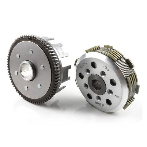 Built Tough Motorcycle Clutch Assembly Featuring Six Steel Friction Plates And Heavy Duty Center Pressure Springs For Buttery Smooth Shifts On Cg150 Bikes close-up of clutch components showing steel plates and pressure springs.