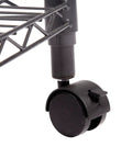 Close-up of slick rolling wheel on Heavy Lifting Five Tier Steel Wire Shelving Rack With Slick Rolling Wheels No Sweat Tool Free Assembly Thirty By Fourteen By Sixty Inches Garage Storage.