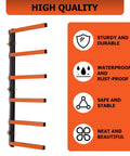 Heavy Duty Six Shelf Lumber Rack Wall Mount Wood Organizer Built Tough For Garage Storage Rock Solid Steel Construction with orange shelves.