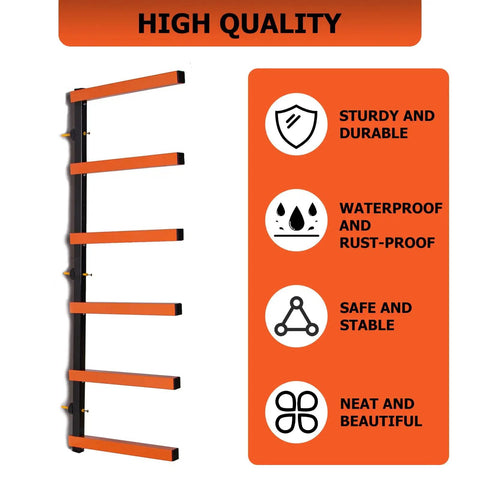 Heavy Duty Six Shelf Lumber Rack Wall Mount Wood Organizer Built Tough For Garage Storage Rock Solid Steel Construction with orange shelves.