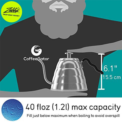 Gooseneck Kettle With Thermometer 34oz Stainless Steel Pour Over Coffee Maker shown with dimensions and max capacity details.