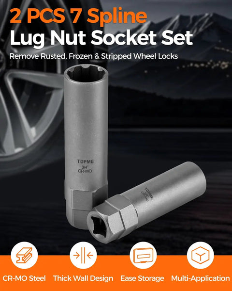 Heavy Duty 7 Spline Lug Nut Key Set With 5/8 And 3/4 Sizes Cold Forged Chrome Moly Steel dual hex drive tools in grey.
