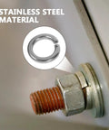Close-up of stainless steel spring washer in use with bolt for Stainless Steel Spring Washer Kit 200 Pcs For Screws And Bolts Pro Grade.