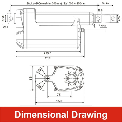 Dimensional drawing of Heavy Duty Electric Linear Actuator 900mm Stroke DC24V 6500N Push Force IP67 Waterproof.