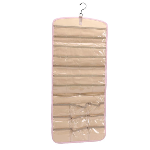 Slick Double Sided Hanging Jewelry Organizer With Foldable Design And Ample Pockets For Rings Earrings Watches, beige with clear pockets.