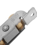 Close-up of Rock Solid Heavy Duty Sliding Glass Door Rollers With Dual Ball Bearings, polished metal with brass wheels.