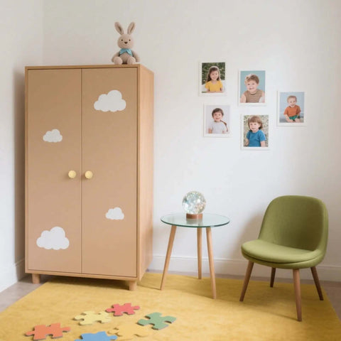 Top Shelf 2-Pack Bright Yellow Ceramic Cabinet Knobs, Smooth 1.3 Inch Round Drawer Pulls on a colorful nursery room furniture.