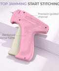 Dang Quick Stitch Gun For Clothes, Lightning Fast Sewing Mender With Micro Fasteners, Slick handheld tool front view, pink color.