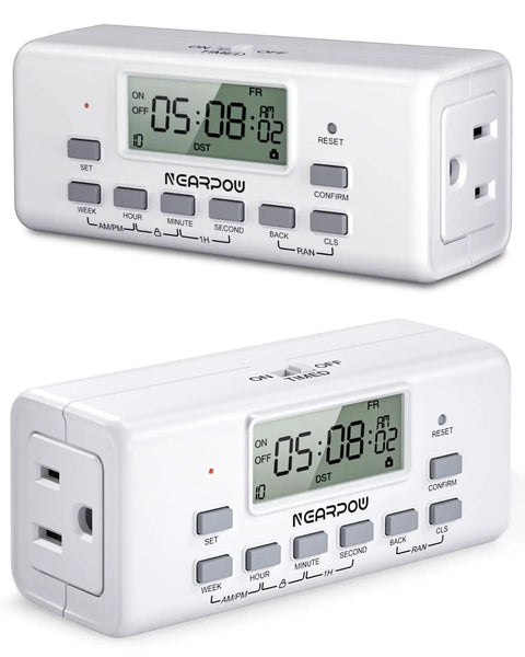 Dual digital timer outlets with easy manual switches and plug and play setup, displayed in clean white housing.