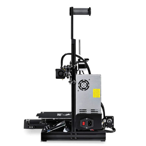 Ready To Ship FDM 3D Printer With Smooth Magnetic Build Plate And Ul Certified Power Supply loaded with nozzles, side view.