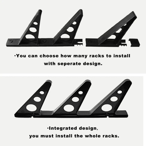 Beefy Wall Mounted Snowboard And Ski Rack Stash Up To Three Boards Horizontally Inside Your Garage Using Durable Plastic Multi Sport Gear Holder Home Organization showing separate and integrated mounting designs in black.