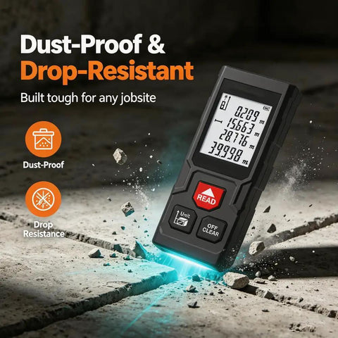 Heavy Duty Digital Laser Distance Meter 131 Ft Measuring Tool With Glowing Backlit Lcd Screen measuring distances on jobsite.
