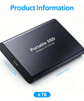 Black Beefy 4TB Portable SSD USB-C External Solid State Drive Metal Build For Laptops with dimensions displayed