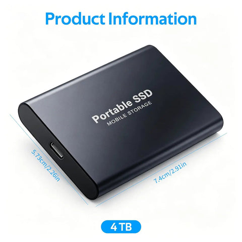 Black Beefy 4TB Portable SSD USB-C External Solid State Drive Metal Build For Laptops with dimensions displayed