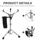 Pro Level Adjustable Snare Drum Stand With Heavy Duty Double Braced Tripod Base For 10 To 14 Inch Pads shown from front with details on hardware.