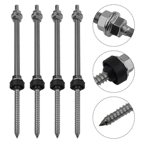 Tough As Nails M10 Hanger Bolts With Rubber Washers Locking Nuts Plus Adapters For A2 Stainless Steel Solar Panel Mounting Hardware No Sweat Install 20Cm And 25Cm Lengths close-up view of four stainless steel bolts with rubber washers