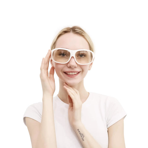 Heavy Duty Laser Safety Glasses For 2940Nm Erbium Dental And Medical Use With Top Shelf Ce En207 Certification and Straight Up Tough Od 6plus Protection For Slick High Vtl Coverage, model wearing glasses.