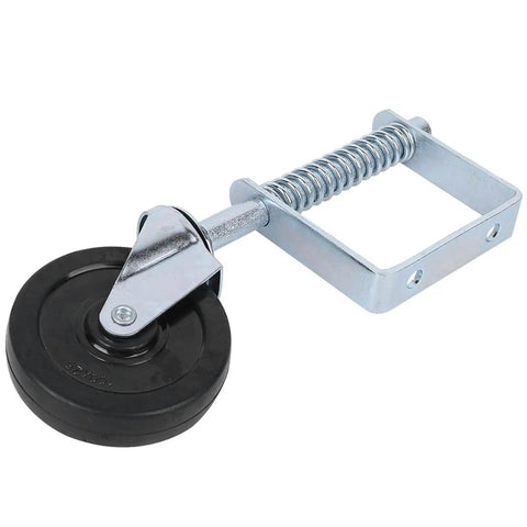 Heavy Duty Spring Loaded Gate Caster With Butter Smooth 360 Swivel Fence Hubs And Shock Resistant Treads close-up view of caster wheel and spring mechanism.