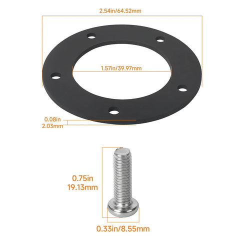 Top Shelf Nbr Fuel Sending Unit Gasket Kit With Five Heavy Duty Stainless M5 Screws, gasket with dimensions and stainless screw.