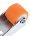 Close-up of an orange roller wheel on a metal bracket from the Buttery Smooth Wooden Door Roller Guide Kit Heavy Duty Glide Hardware For Cabinets And Sliding Furniture Doors Ultra Quiet Rolling Wheels Zero Hassle Setup.