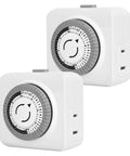 24 Hour Mechanical Outlet Timer With 30 Minute Intervals For Indoor Lights And Fans Daily Automatic Switch No Sweat Programming Plug In Time Switch For Holiday Decor 2 Pack, dual timers in white.
