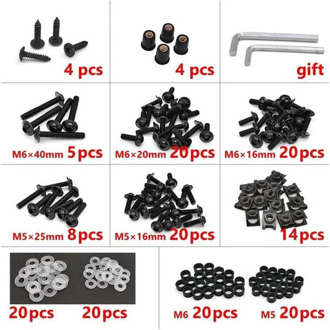 177Piece Motorcycle Bolts Kit With Screws Nuts Washers Fasteners Clips For Kawasaki KLX140G Z125 Pro 2017 2024 shown in grid layout